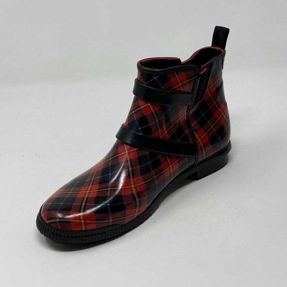 Cougar Royale Rubber Boots Womens 8 Red Black Tartan Plaid Rain Ankle Bootie - Picture 7 of 15